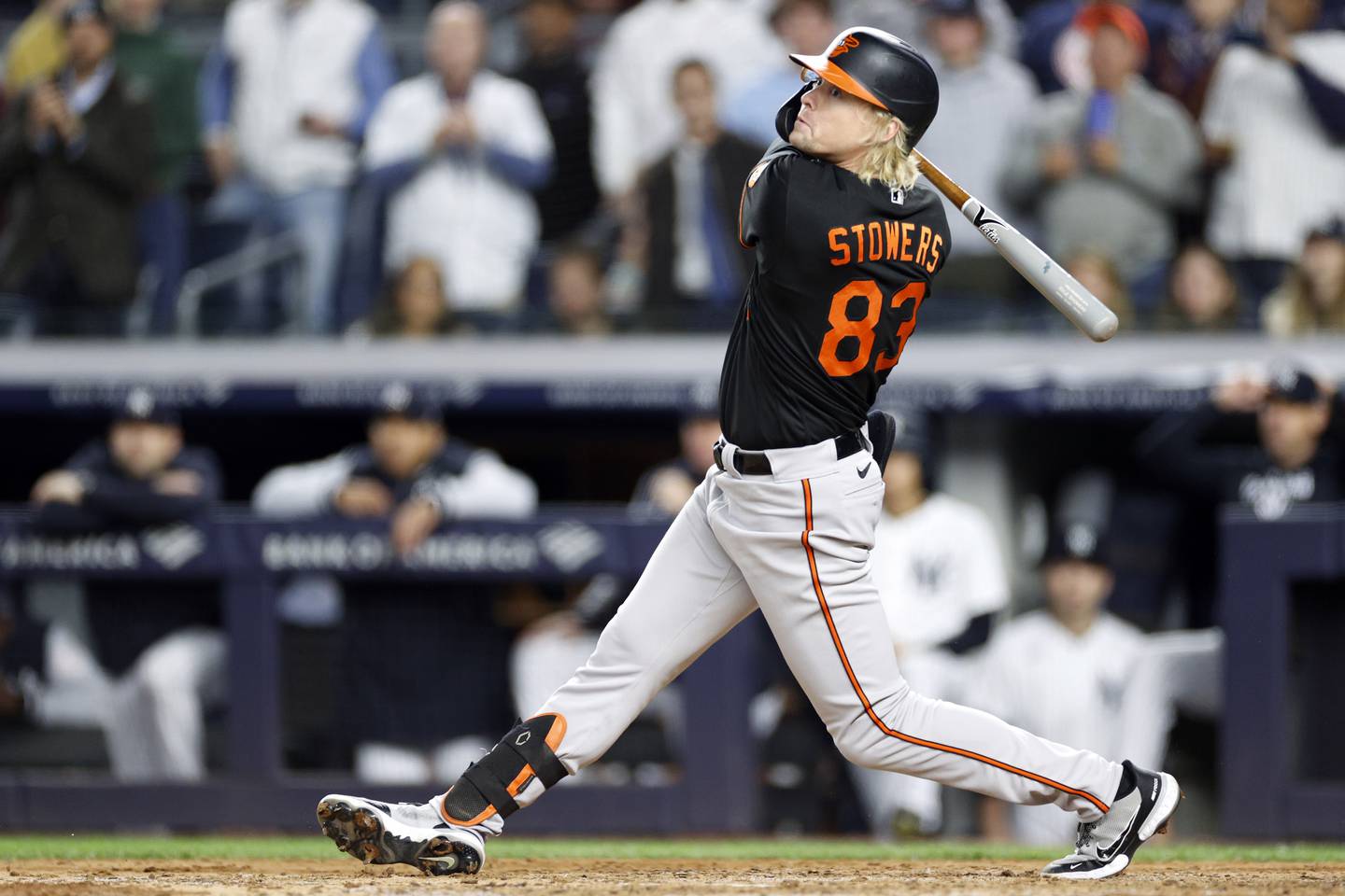 Kyle Stowers of the Baltimore Orioles at bat during the sixth inning against the New York Yankees at Yankee Stadium on September 30, 2022 in the Bronx borough of New York City.