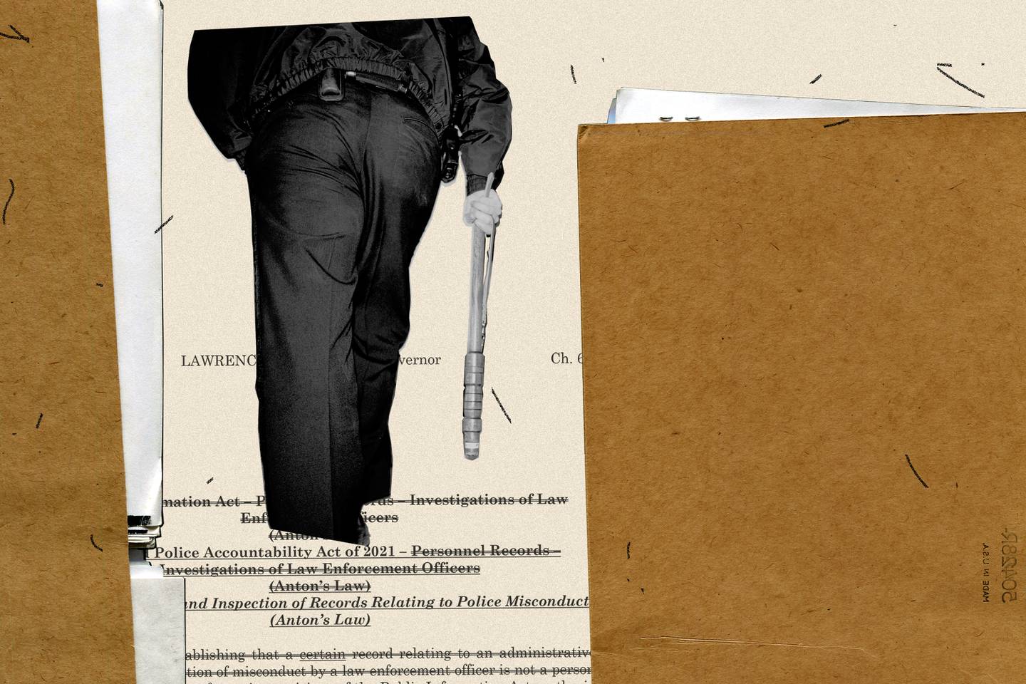 Photo collage of police officer holding baton, walking away in between two close-up images of folders full of documents, with an excerpt from the Maryland Police Accountability Act of 2021 in background.