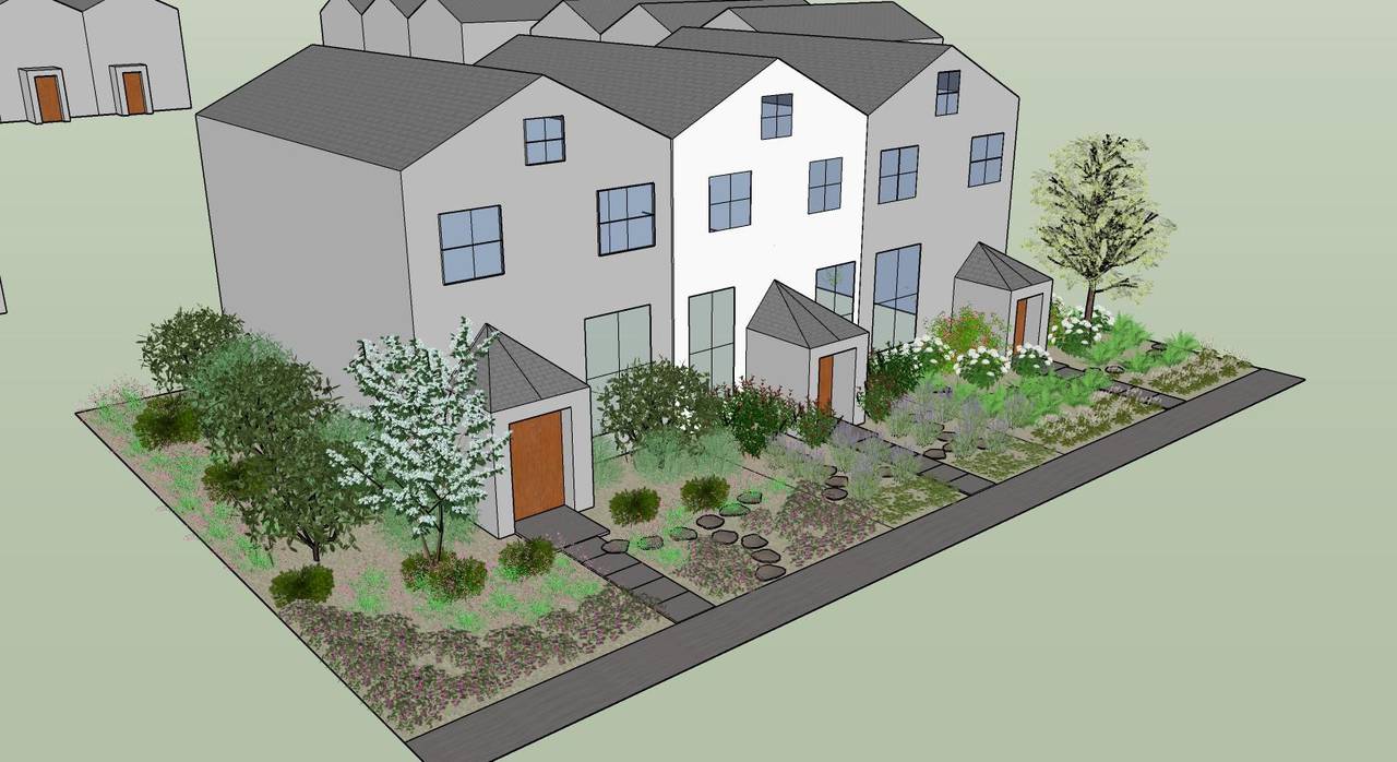 Landscape design for rowhomes by the University of Maryland Extension. This design is a suggestion of how areas of turf can be replaced with native plants.
