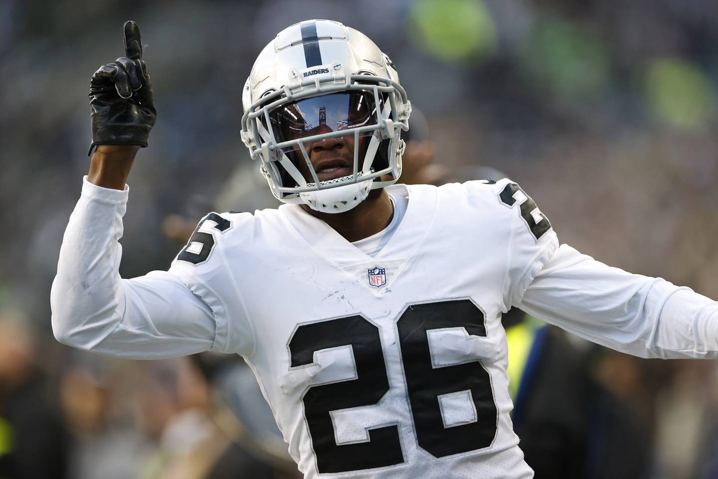 SEATTLE, WASHINGTON - NOVEMBER 27: Rock Ya-Sin #26 of the Las Vegas Raiders reacts in the fourth quarter against the Seattle Seahawks at Lumen Field on November 27, 2022 in Seattle, Washington.