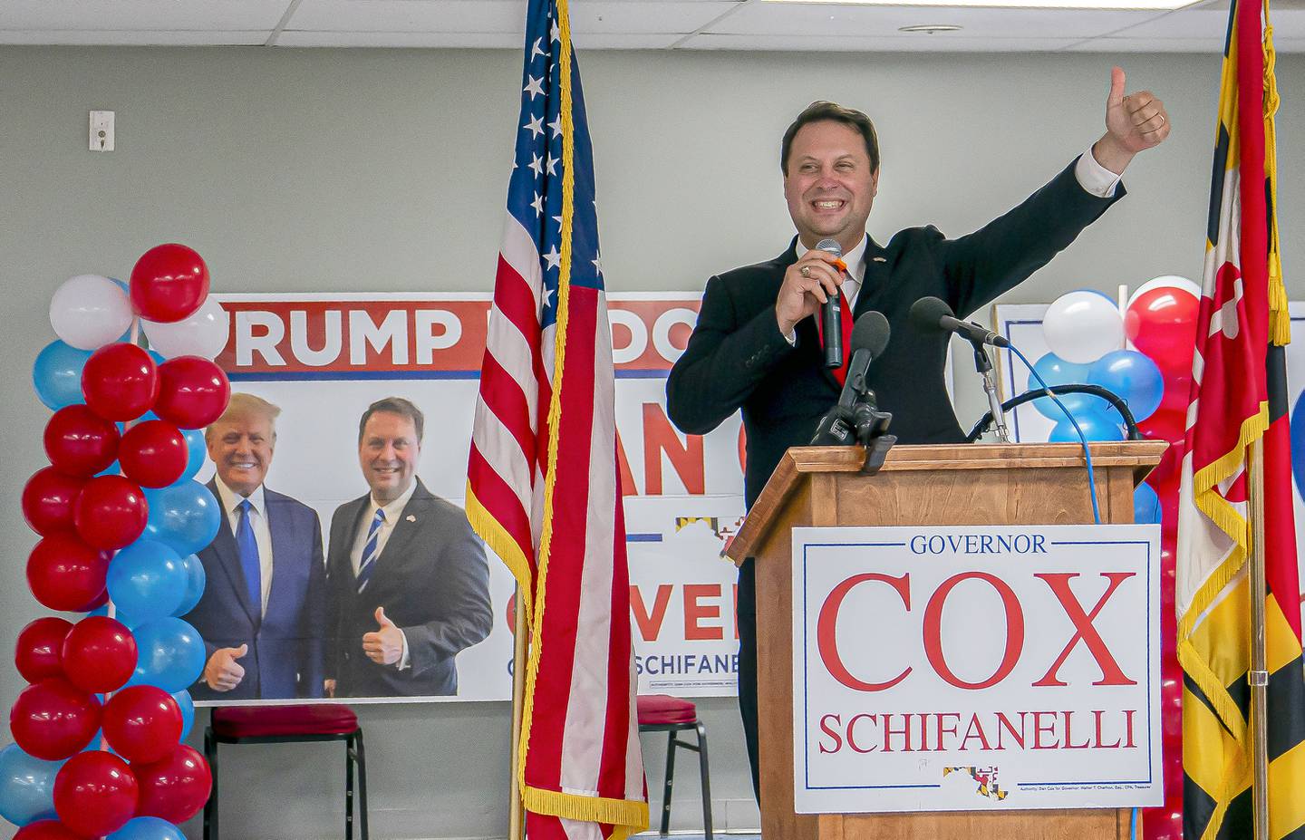 EMMITSBURG, MD - JULY 19:  Republican gubernatorial candidate Dan Cox reacts to his primary win on July 19, 2022 in Emmitsburg, Maryland. Cox, who is supported by former President Donald Trump, is running to replace term-limited Republican Gov. Larry Hogan.