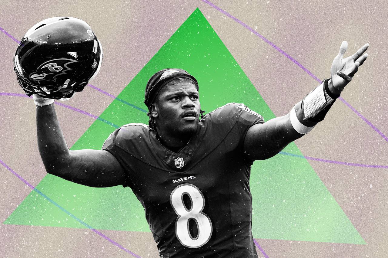Photo illustration of Lamar Jackson in uniform, holding helmet in one hand, other arm outstretched.