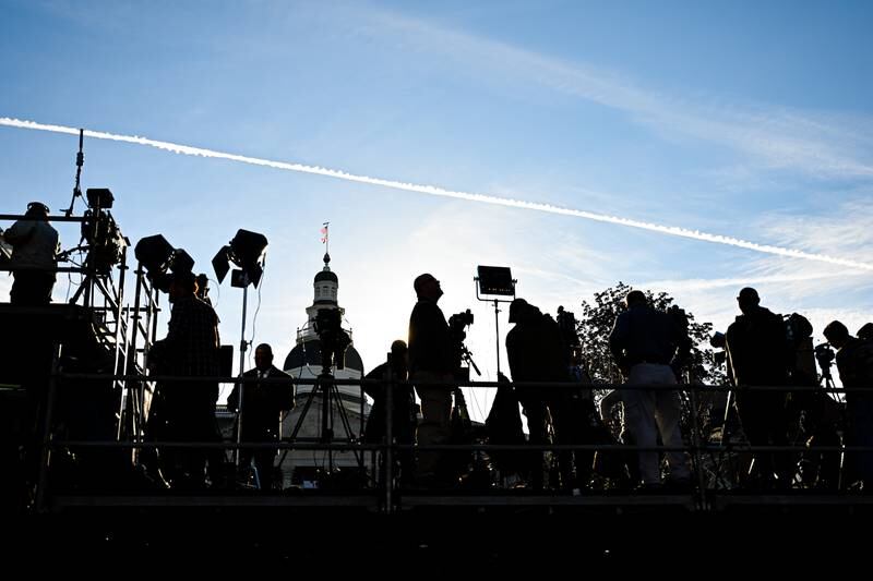 Members of the media setup equipment before the swearing in ceremony of Wes Moore, Wednesday, Jan. 18, 2023, in Annapolis.