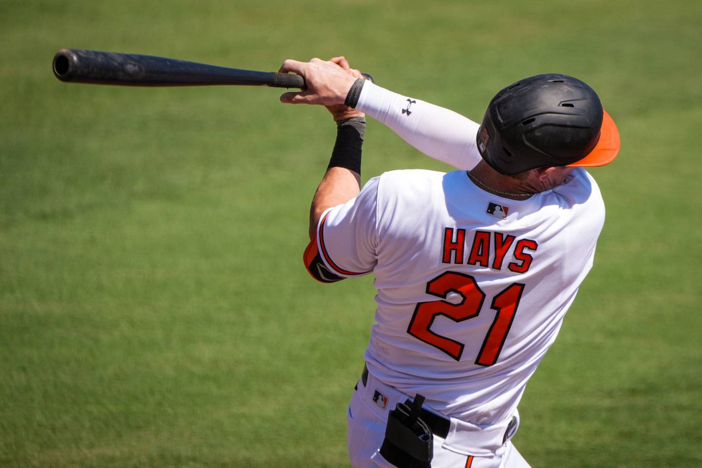 Austin Hays (21) swings for the ball at Ed Smith Stadium during the second inning of a game against the Toronto Blue Jays on 3/1/23. The Baltimore Orioles lost to the Blue Jays, 2-1, in the Florida Grapefruit League matchup