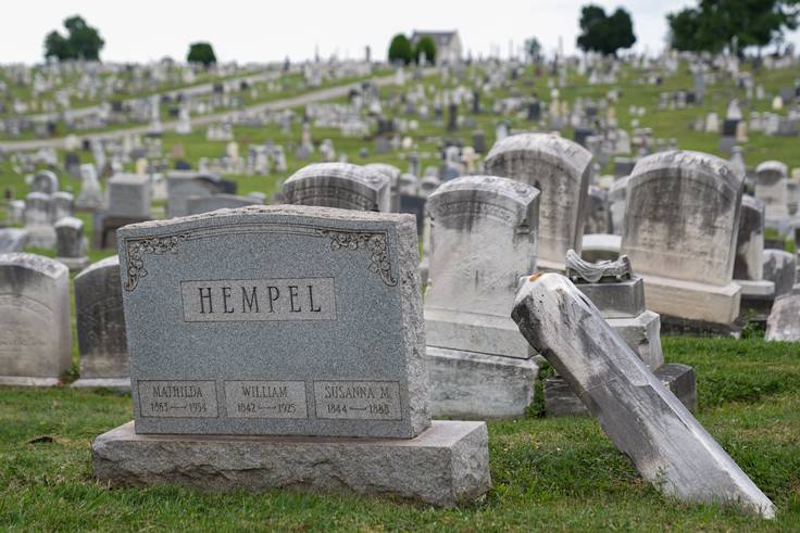 The gravestone of Mathilda Hempel, formerly Mathilda Lorenz, rests inside Baltimore Cemetery on July 29, 2022. The mysterious casket of Mathilda Lorenz was originally found down by a stream in Wyman Park.