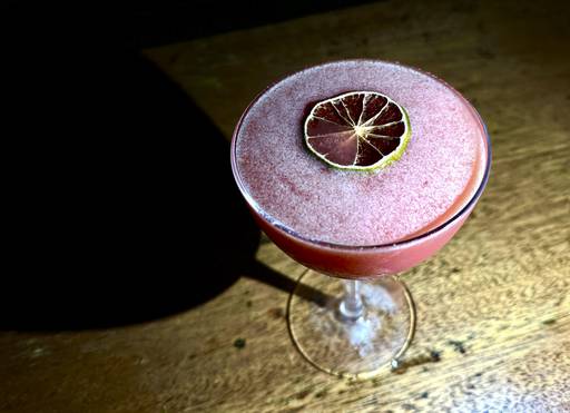 Spirit free menu is available. This drink is called the St. Moritz, which is a bright, brambly fruit with blackberry, almond orgeat, orange, ginger, lime, serrano pepper, clove, served up