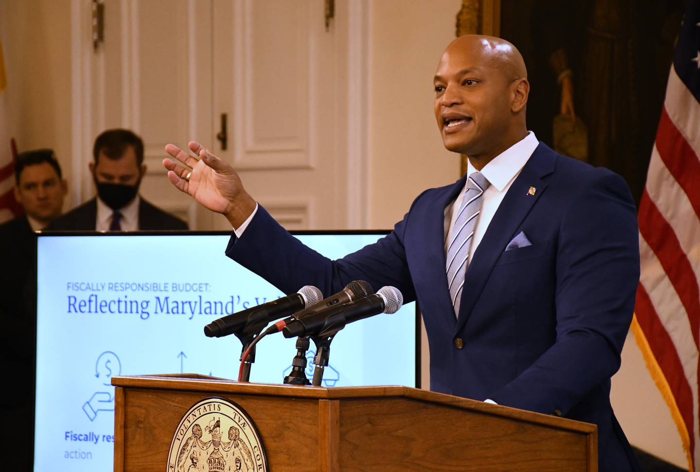 Maryland Gov. Wes Moore holds a State House news conference to discuss his proposed $63.1 billion budget on Wednesday, Jan. 17, 2024.