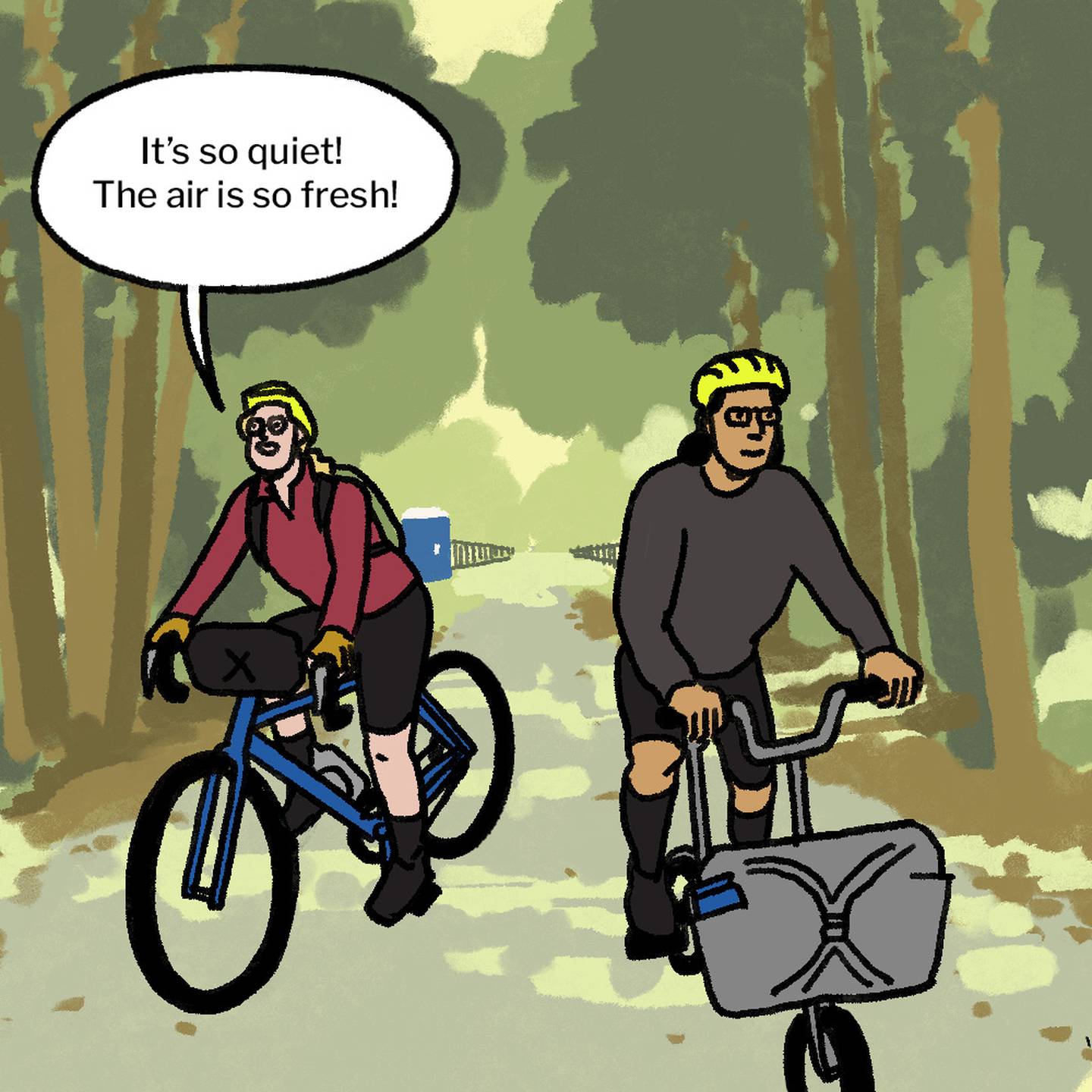 Illustration of man and woman, seen from behind, on bikes in parking lot in front of the beginning of a trail that leads into the forest. A brown sign says "Northern Central Railroad Trail." Man looks back at woman and says: "That was rough." Woman says: "Well, I'm glad we're here now."