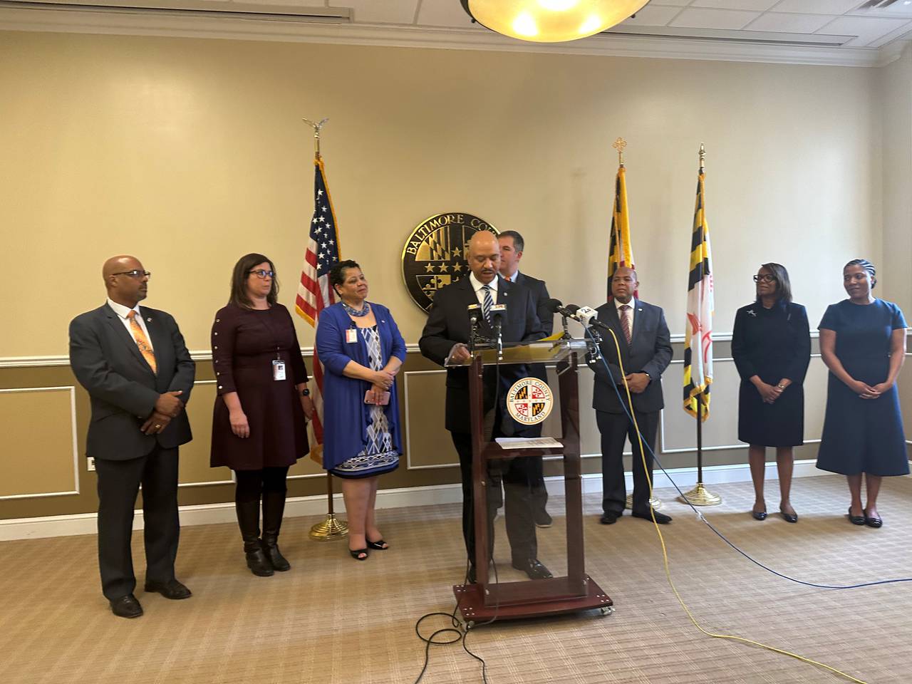 Robert McCullough speaks to reporters after he was tapped to be Baltimore County police chief at a news conference in Towson on April 7, 2023. His selection is expected to be approved by the County Council.