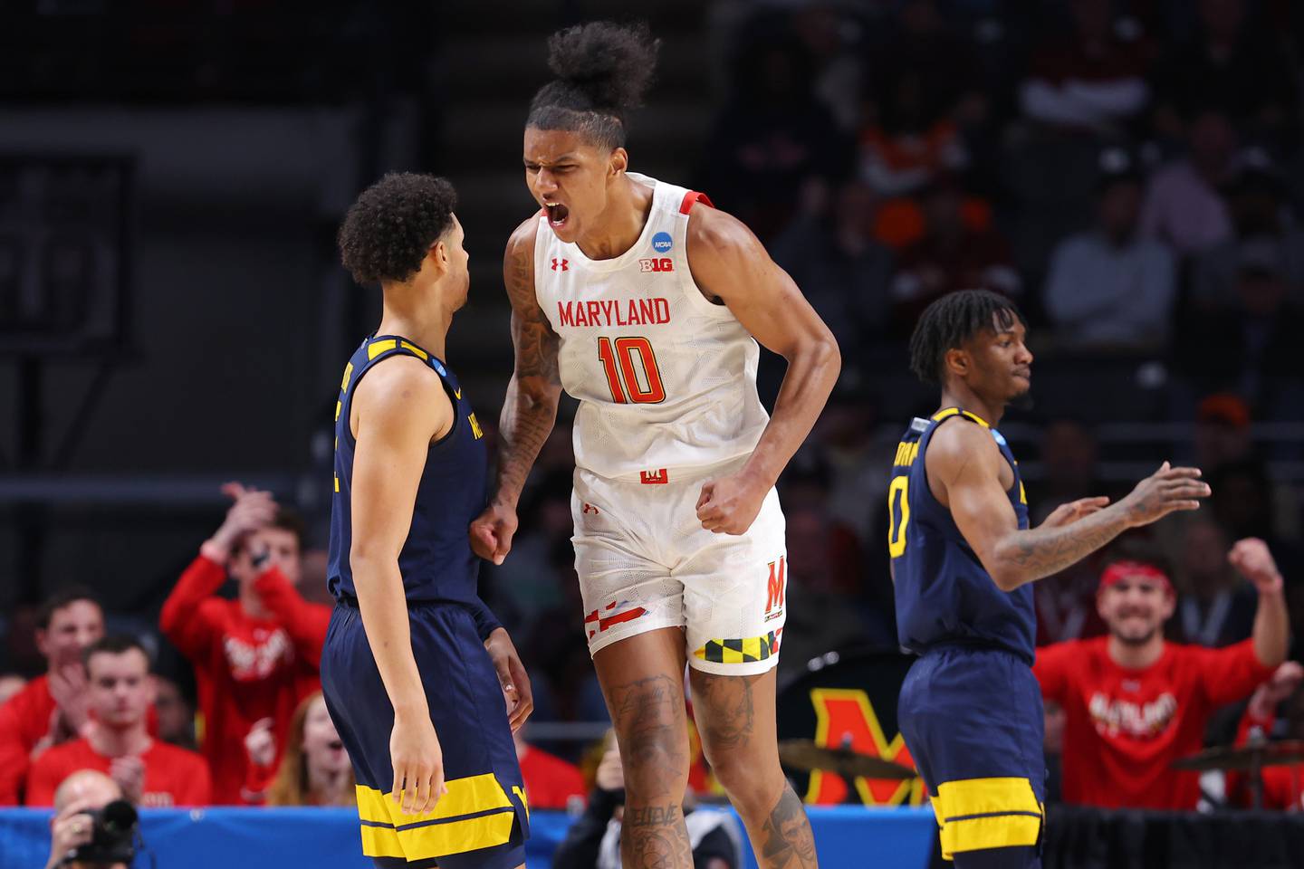 BIRMINGHAM, ALABAMA - MARCH 16: Julian Reese #10 of the Maryland Terrapins reacts after a made basket against the West Virginia Mountaineers during the second half in the first round of the NCAA Men's Basketball Tournament at Legacy Arena at the BJCC on March 16, 2023 in Birmingham, Alabama.