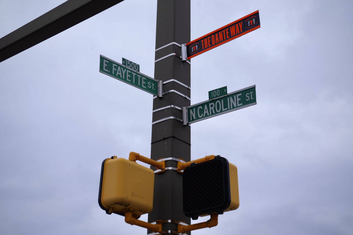 "The Dante Way" at the corner of N. Caroline St and E. Fayette St. named for Dante Barksdale.