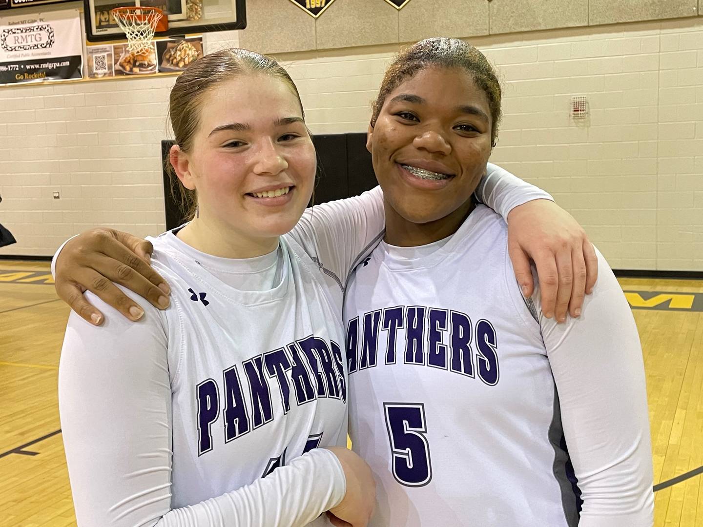 Jayda Mayles and Darielle Weems (5) combined for 23 points to lead No. 11 Pikesville past Patterson Mill, 44-31, in the Class 1A state girls basketball semifinals Tuesday night. The Panthers will go for their third straight state championship Saturday at Xfinity Center at the University of Maryland against Mountain Ridge, a first-time finalist from Allegany County.