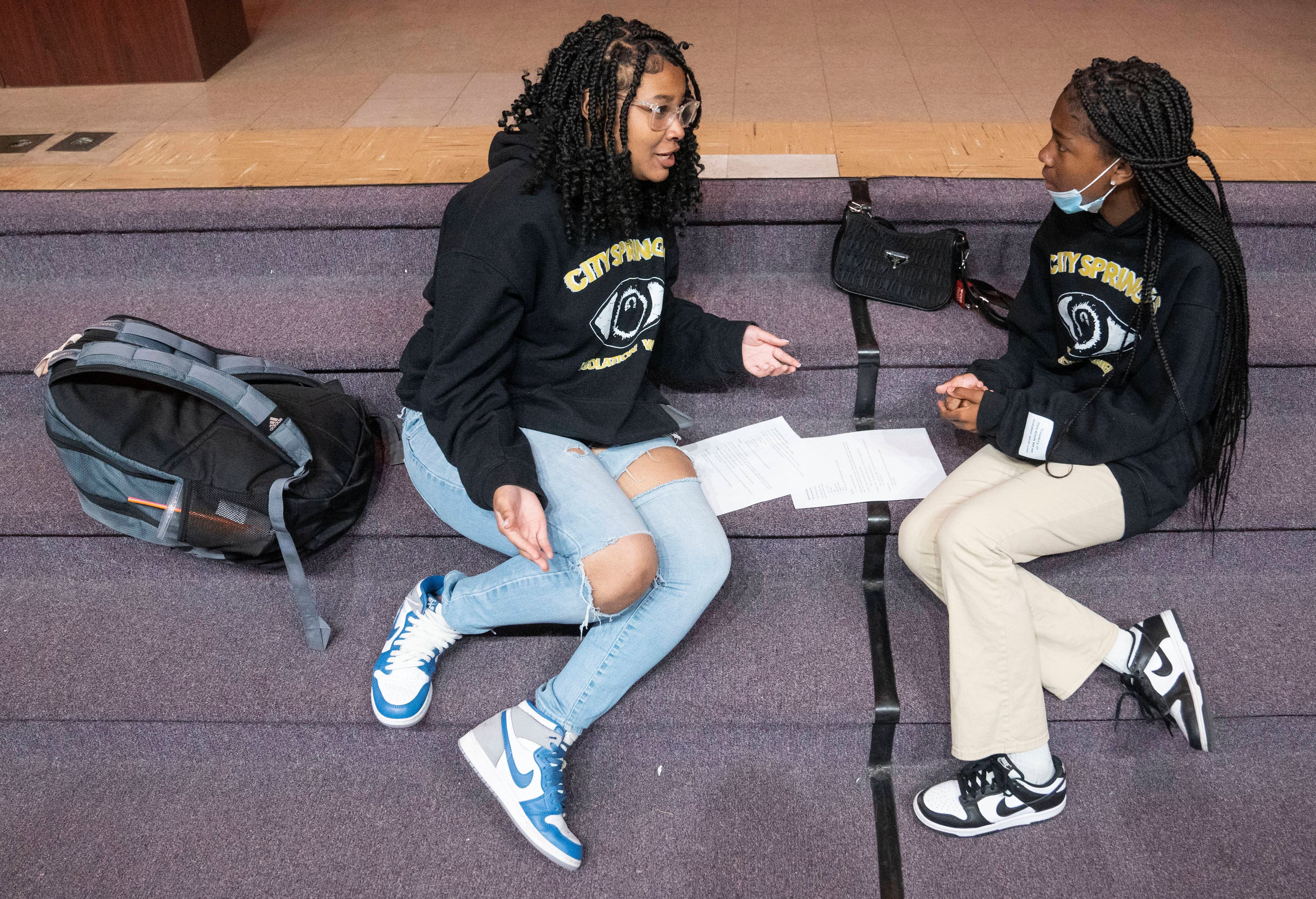 Peer mediators act out a role play exercise at City Springs Elementary and Middle School in Baltimore, Wednesday, May 10, 2023.