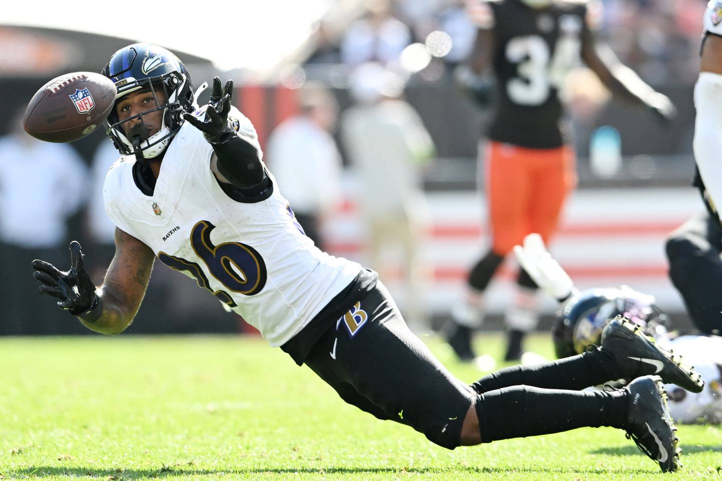 CLEVELAND, OHIO - OCTOBER 01: Geno Stone #26 of the Baltimore Ravens defends a pass during the second half against the Cleveland Browns at Cleveland Browns Stadium on October 01, 2023 in Cleveland, Ohio. (Photo by Nick Cammett/Getty Images)