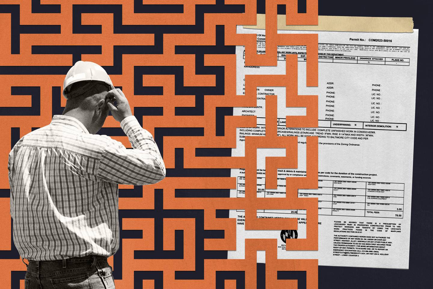 Photo collage shows contractor wearing hard hat scratching his head, standing in front of maze that separates him from a Baltimore City construction permit.