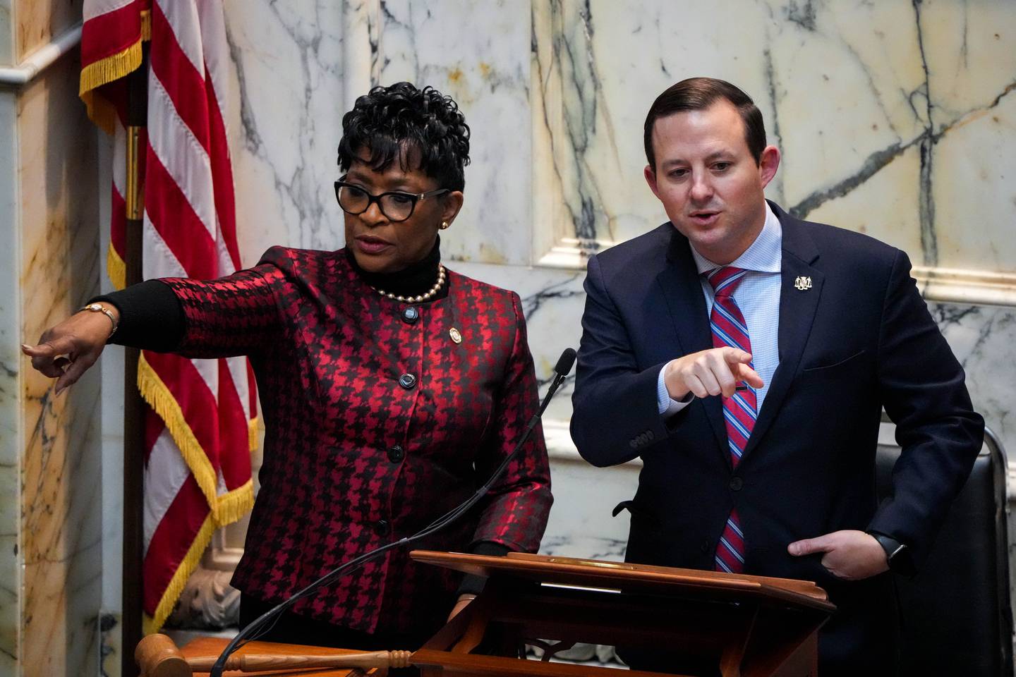 House of Delegates Speaker Adrienne A. Jones, left, and Maryland Senate President Bill Ferguson speak to the delegates and senators before Gov. Wes Moore delivers his first State of the State address on 2/1/23 at the Maryland State House.