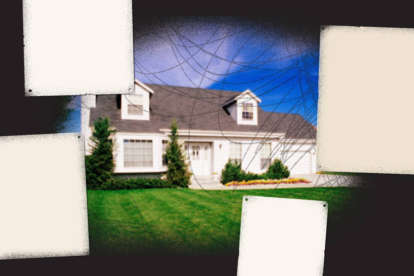 Photo collage of blurry white suburban house with driveway, surrounded by darkness and partially obscured by pieces of paper stuck on top of the image.
