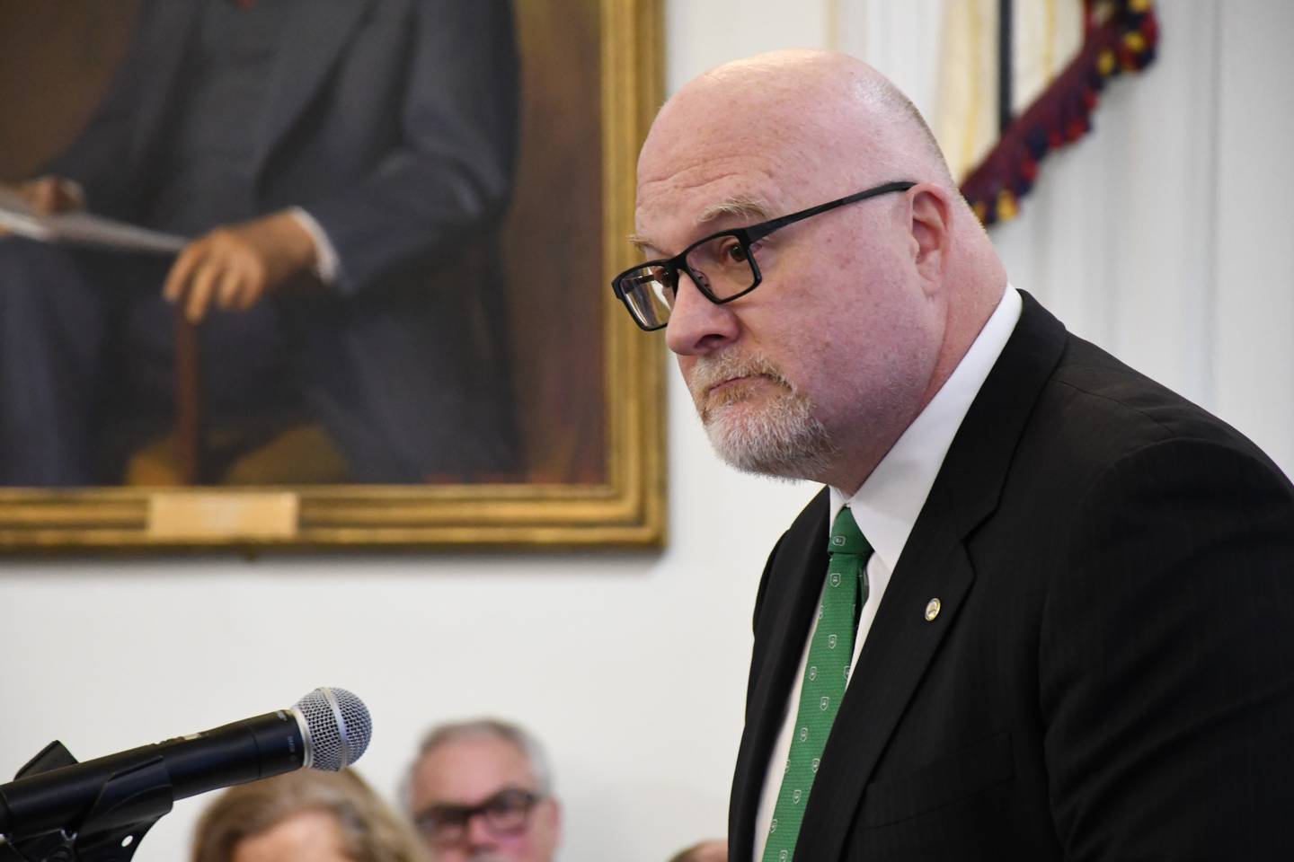 Patrick Moran of the AFSCME union representing correctional officers speaks at a Maryland Board of Public Works meeting at the State House in Annapolis on Wednesday, March 13, 2024. Thousands of correctional officers were awarded millions in back pay.