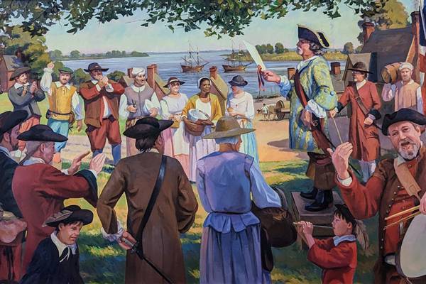 “Proclaiming the Annapolis City Charter: 1708″ is the largest of the three paintings by Lee Boynton in City Council Chambers.