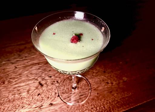 A signature cocktail called the Caffè Pistacchio, which is creamy gelato, floral
Singani '63' Bolivian Brandy, pistachio liqueur. cardamom, almond orgeat, lemon juice, oloroso sherry, dried rose, served up