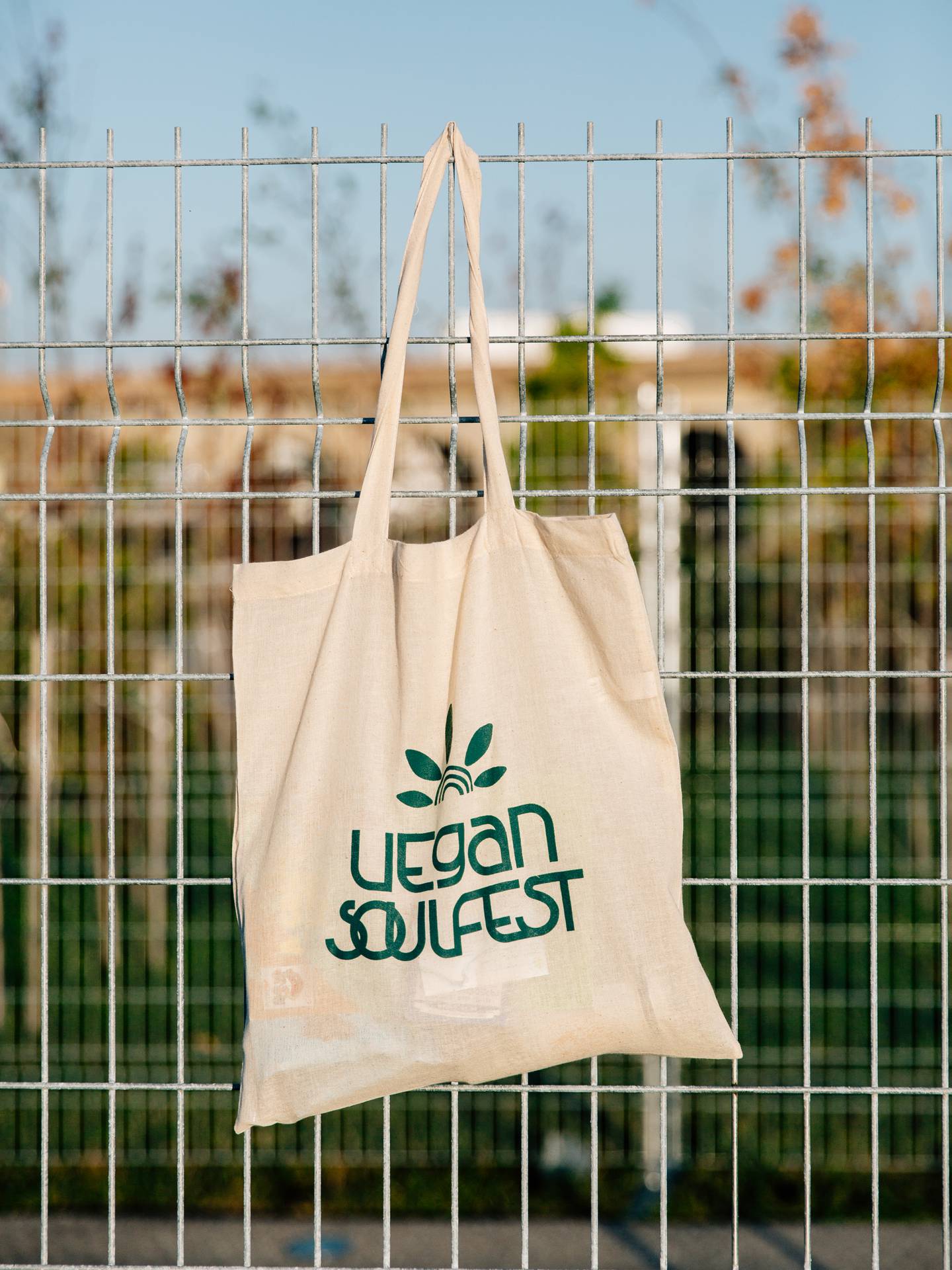 A Vegan SoulFest bag hangs from a fence during the three-day festival in 2022.