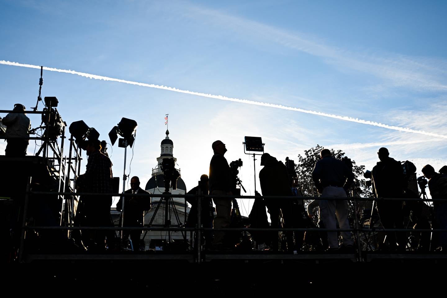 Members of the media setup equipment before the swearing in ceremony of Wes Moore, Wednesday, Jan. 18, 2023, in Annapolis.