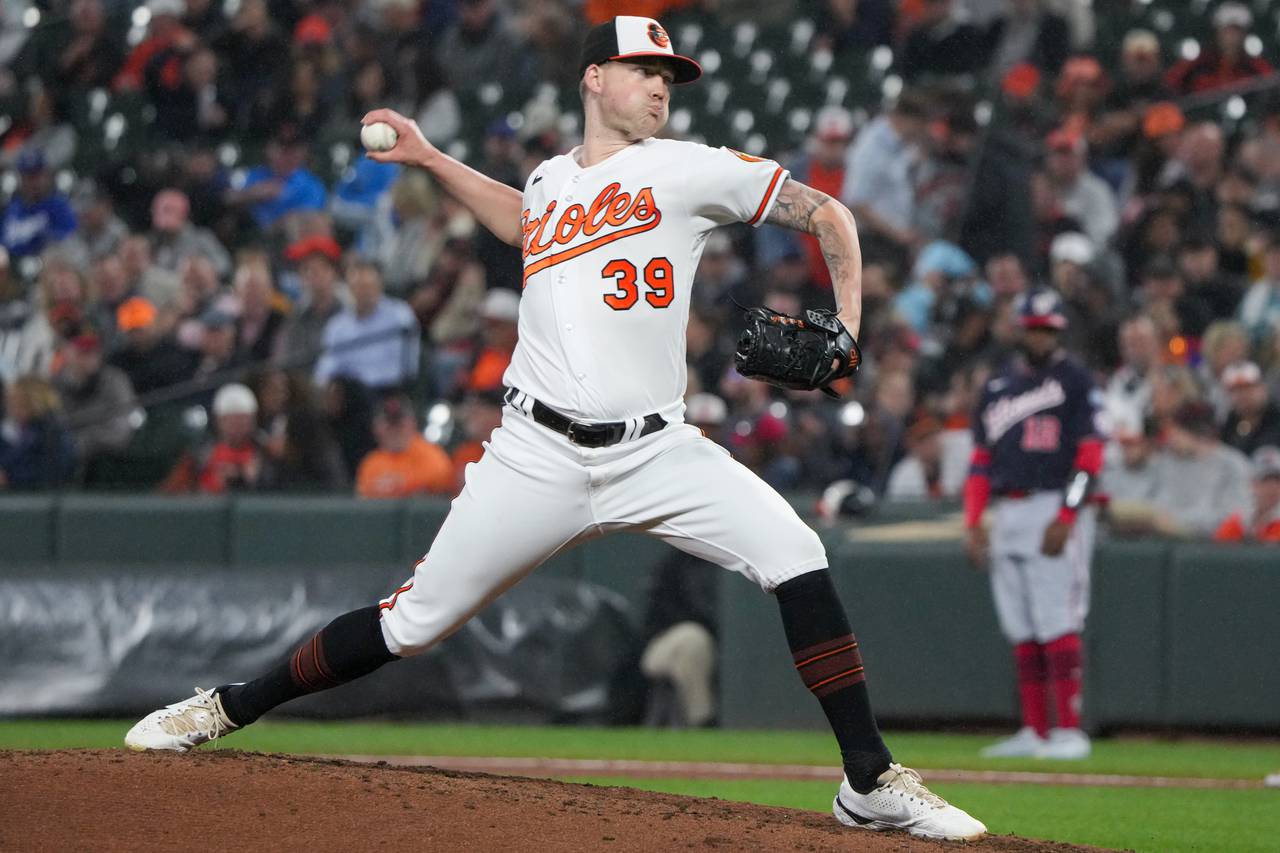 Baltimore Orioles starting pitcher Kyle Bradish (39) pitches during a baseball game against the Washington Nationals on Tuesday, September 26, 2023.
