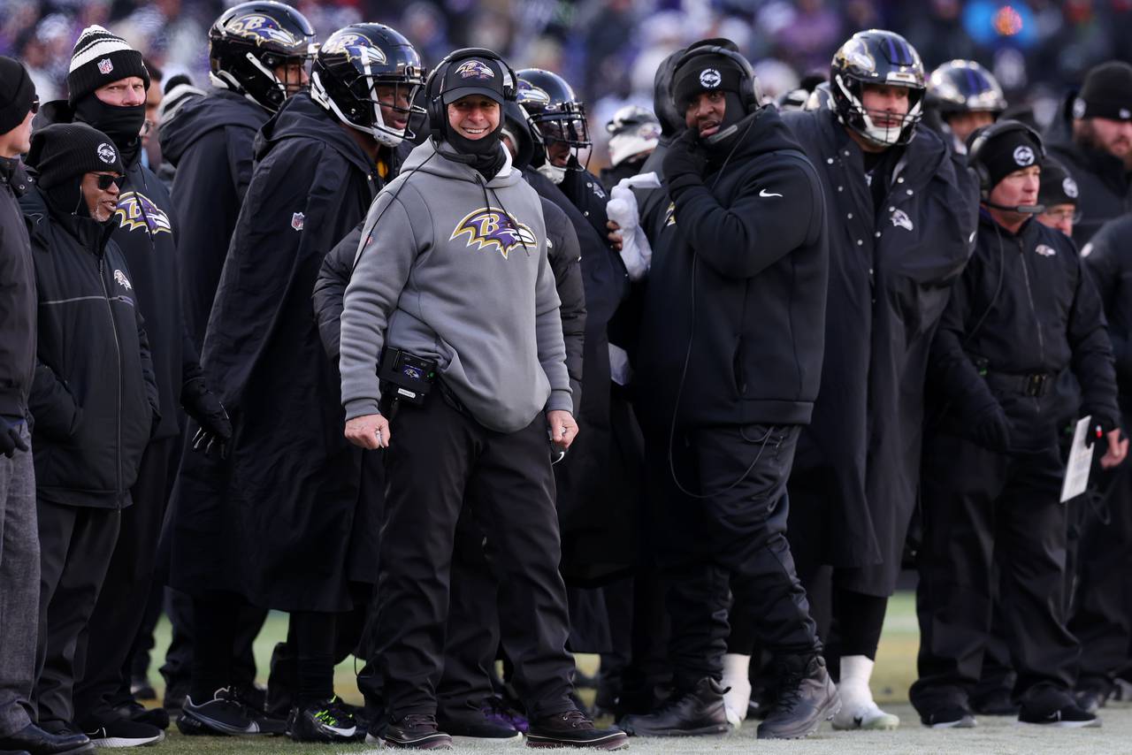 BALTIMORE, MARYLAND - DECEMBER 24: Head coach John Harbaugh of the Baltimore Ravens looks on during the first half of the game against the Atlanta Falcons at M&T Bank Stadium on December 24, 2022 in Baltimore, Maryland.