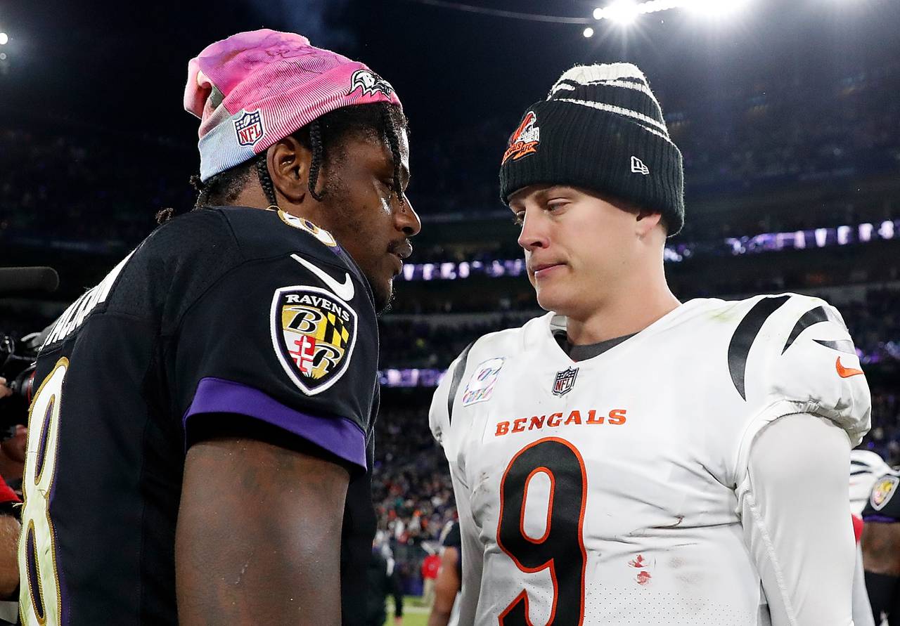BALTIMORE, MARYLAND - OCTOBER 09:  Joe Burrow #9 of the Cincinnati Bengals reacts after their 19-17 loss to Lamar Jackson #8 of the Baltimore Ravens at M&T Bank Stadium on October 09, 2022 in Baltimore, Maryland.