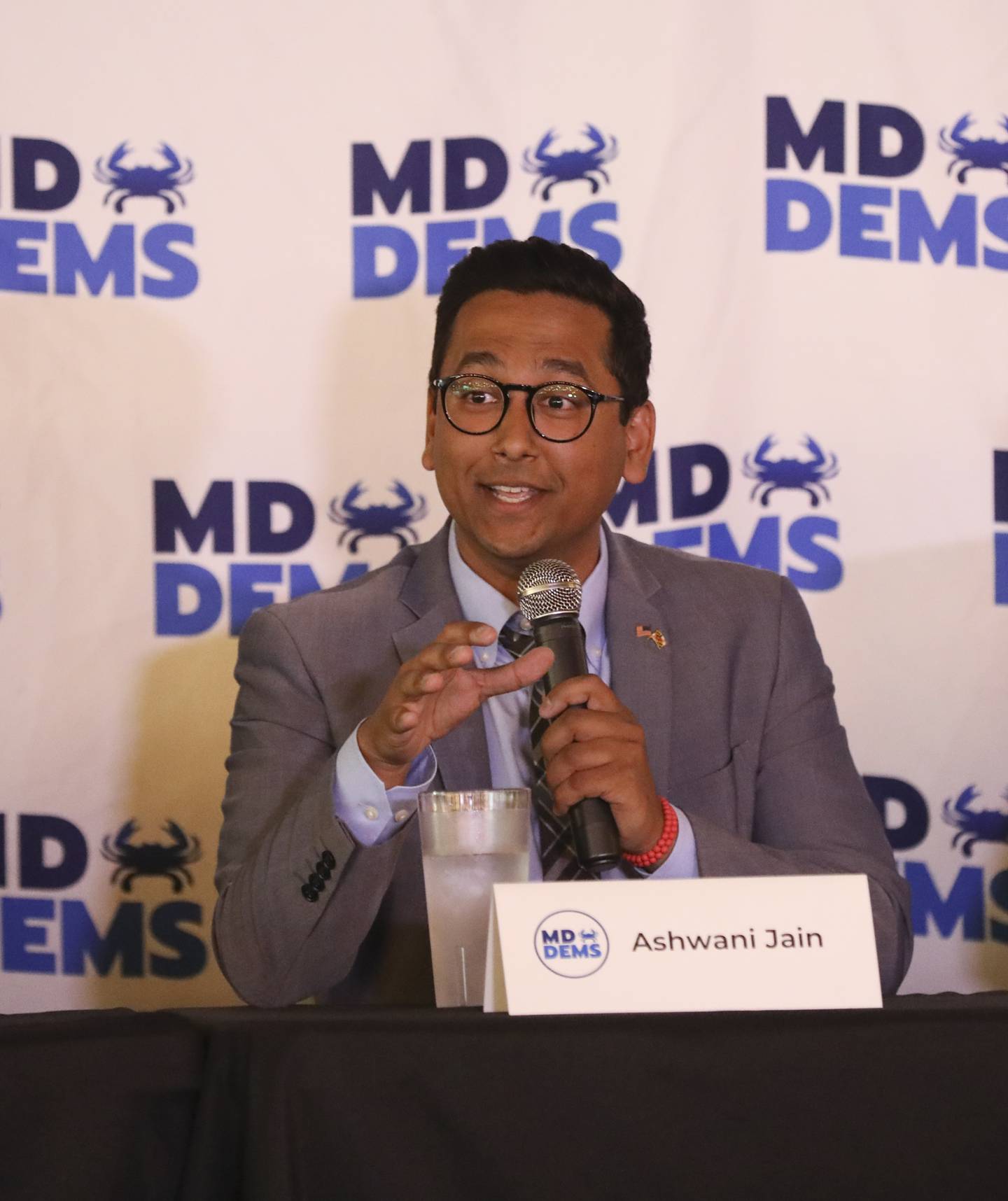 Gubernatorial candidate Ashwani Jain speaks during a candidates forum on healthcare issues sponsored by the Maryland Democratic Party at BC Brewery on May 31, 2022. (Kaitlin Newman for The Baltimore Banner)