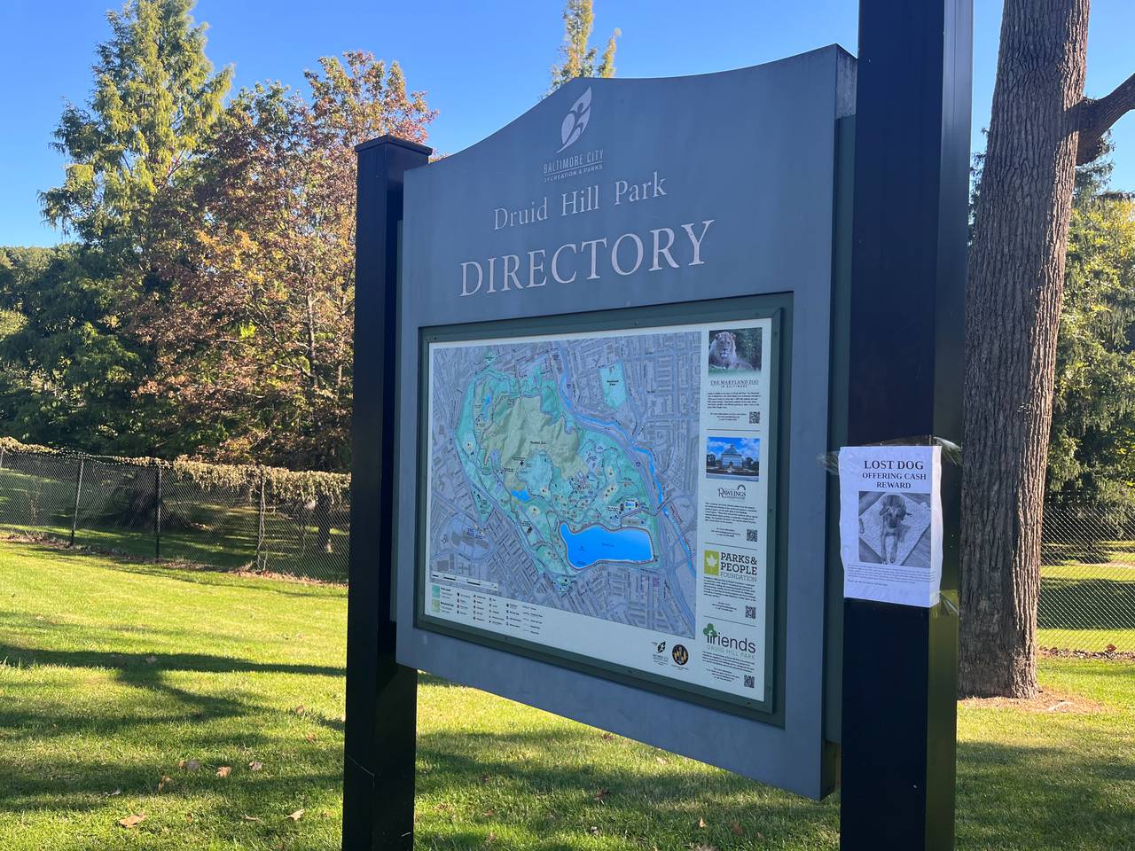 The Druid Hill Park directory showcases a map of the 745 acre greenspace.