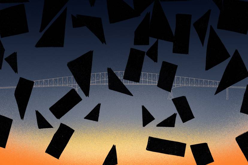 Illustration shows black geometric fragments falling from the sky, partially obscuring the faint outline of Key Bridge central span. In the background a sunrise starts to illuminate the darkness.