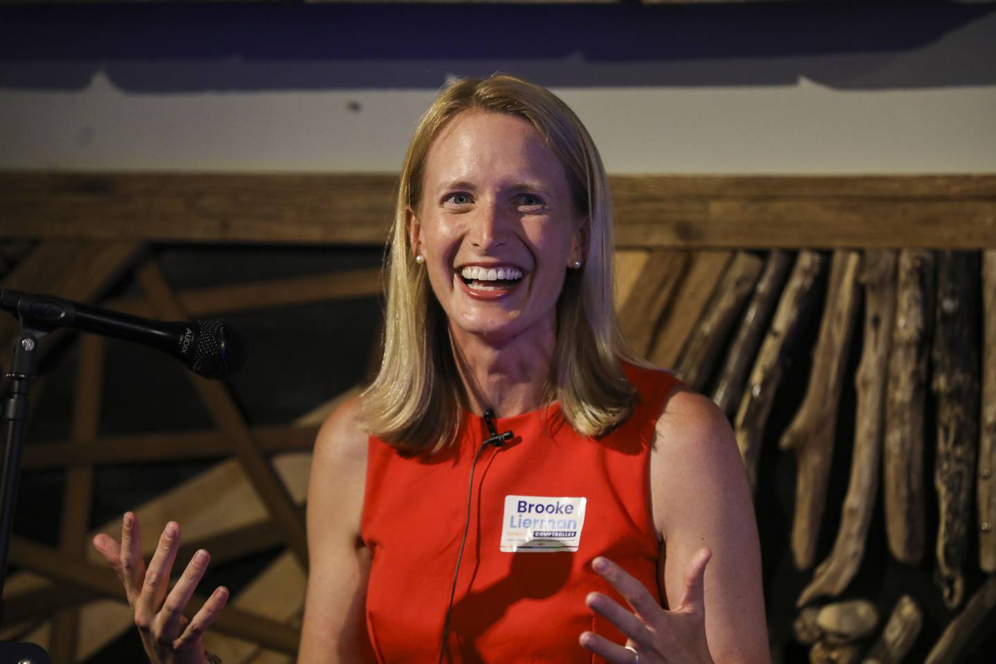 Brooke Lierman, Maryland candidate for comptroller, speaks at an election day event held at at Checkerspot Brewing Company on July, 19, 2022.