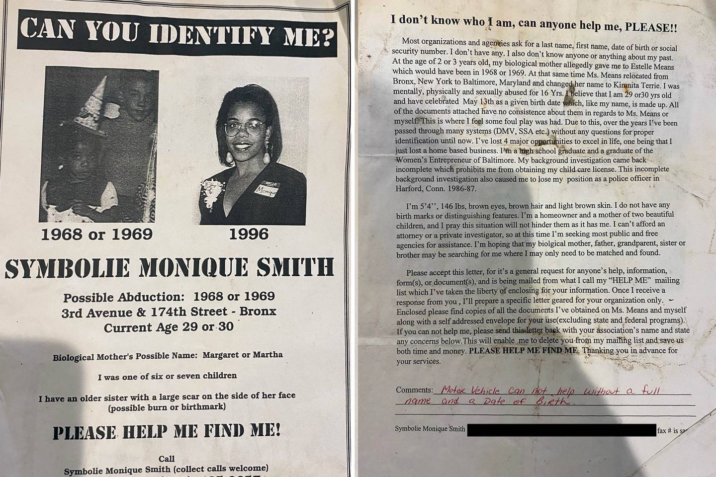 Handmade flyers, created by Monique Smith, to help her figure out her identity.