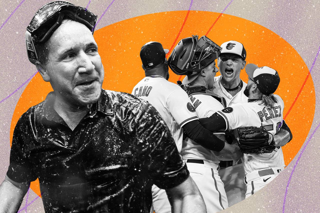 Photo illustration of John Angelos celebrating an Orioles victory on left and four Orioles players hugging on the right.