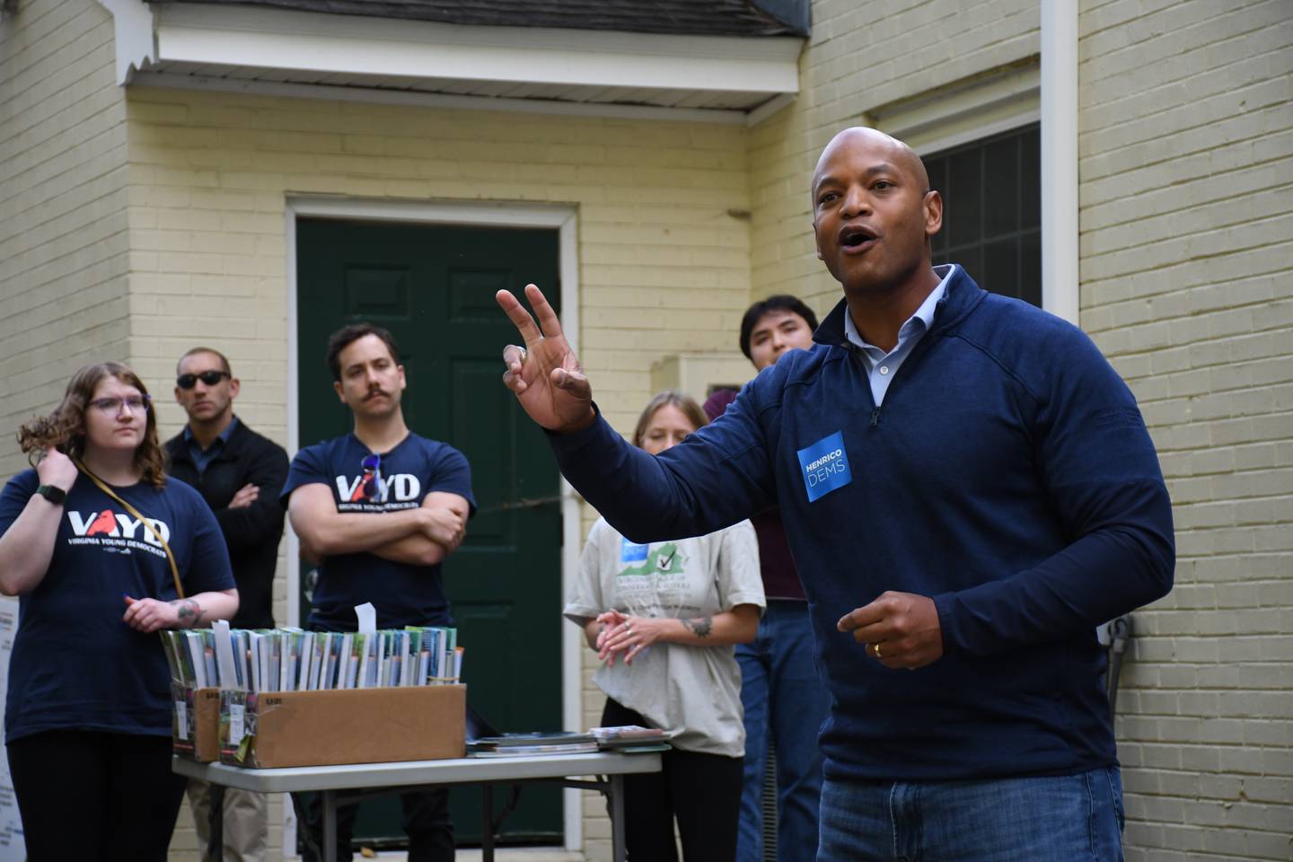Maryland Gov. Wes Moore speaks to campaign workers and volunteers in Henrico County, Va., on Saturday, Nov. 4, 2023. The governor hoped to boost Democratic candidates in the neighboring state, ahead of Virginia General Assembly elections on Tuesday.