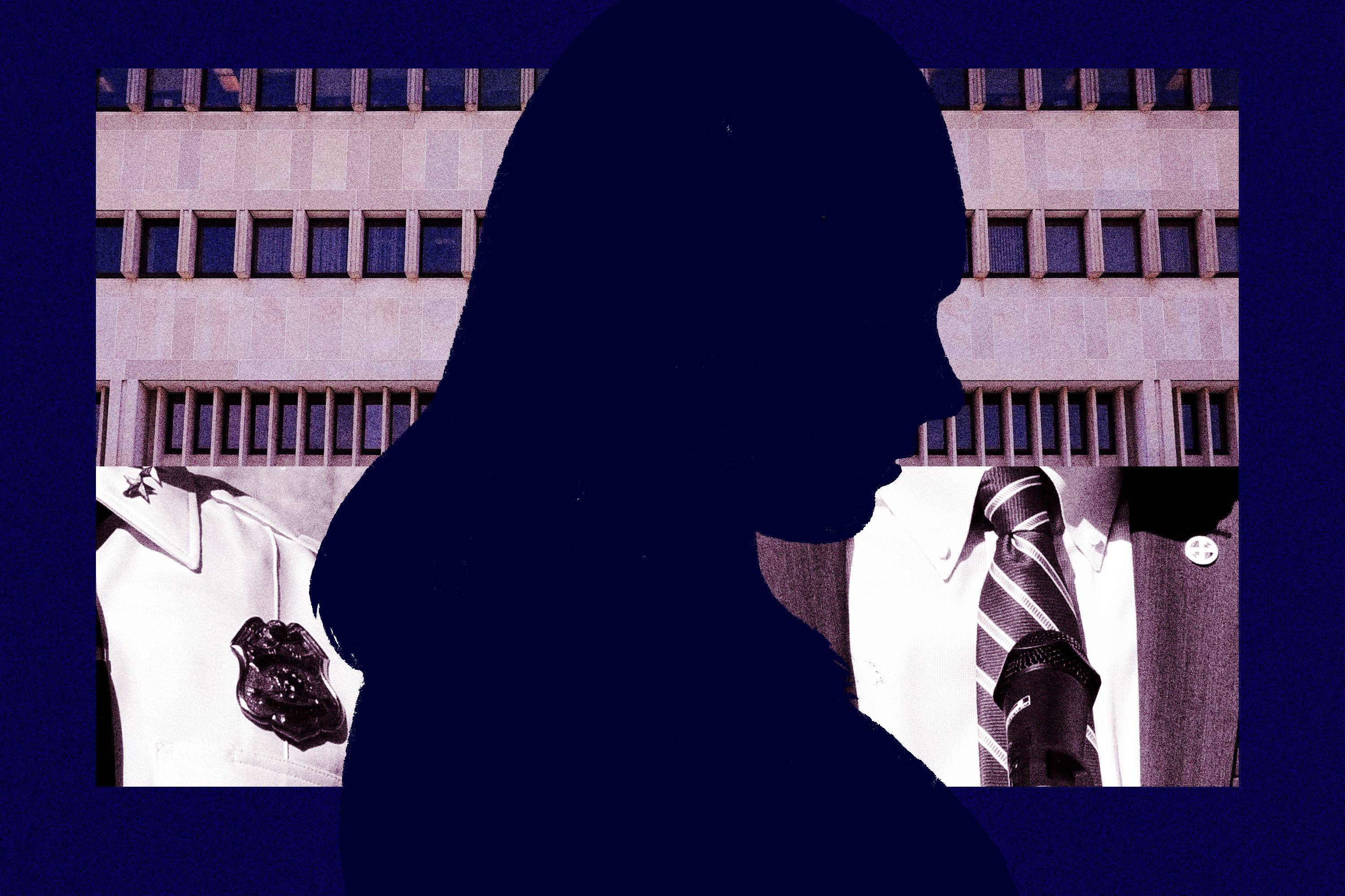 Illustration of young woman's profile in front of facade of county courts building, police officer, and official in suit.