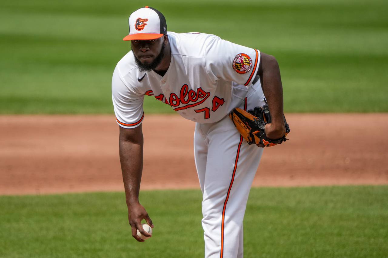 Baltimore Orioles relief pitcher Felix Bautista (74) gets ready to pitch in the ninth inning of a baseball game against the Houston Astros at Oriole Park at Camden Yards in Baltimore on August 10, 2023.