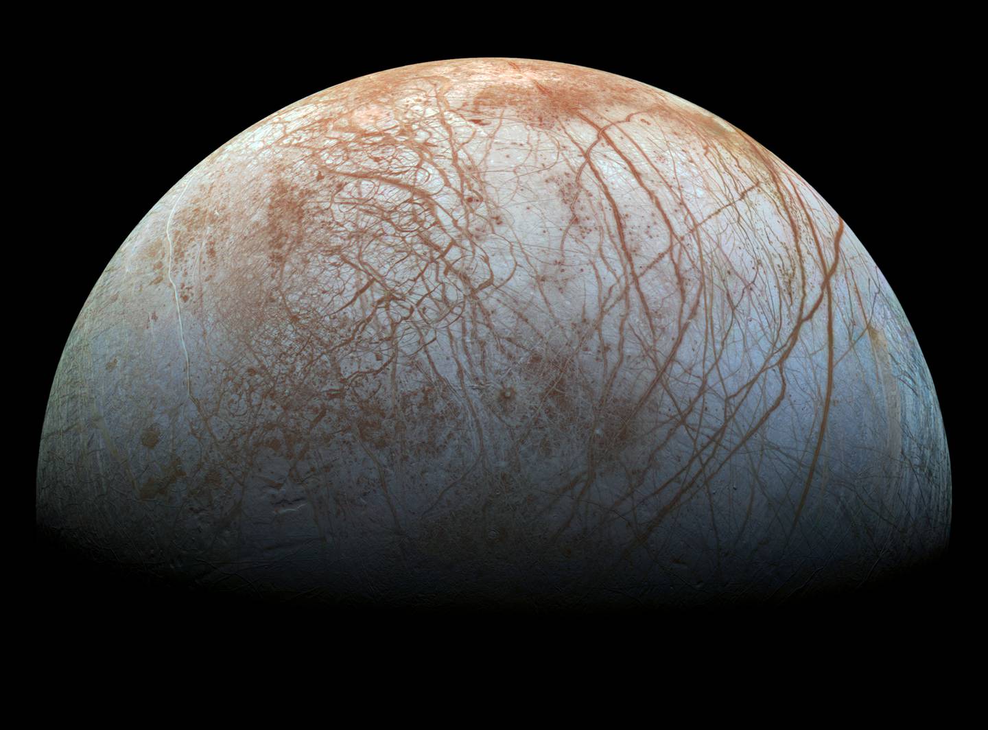 A composite image of Europa, one of Jupiter's icy moons, released by NASA in 2014.