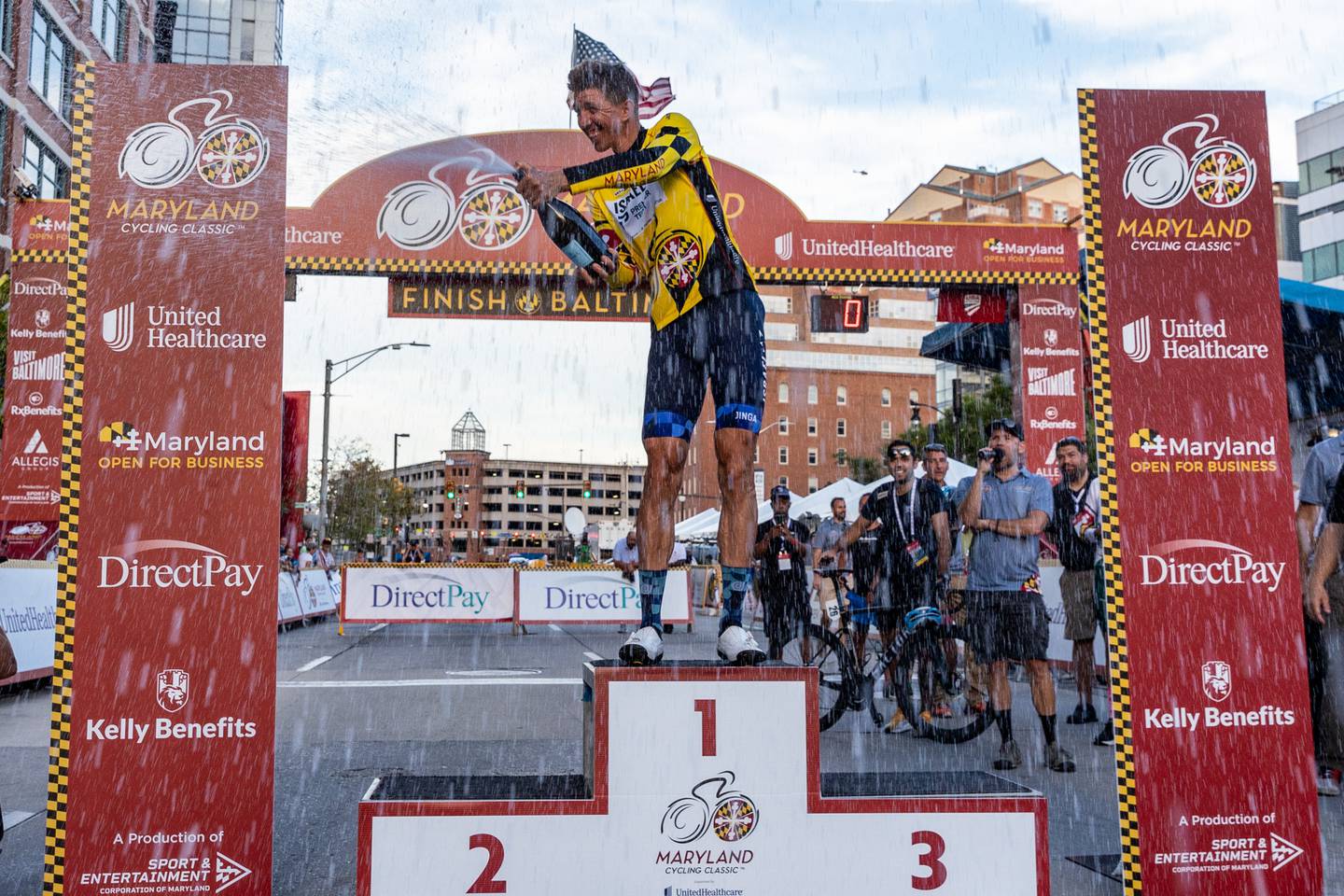 Sep Vanmarcke celebrates winning the 2022 Maryland Cycling Classic.