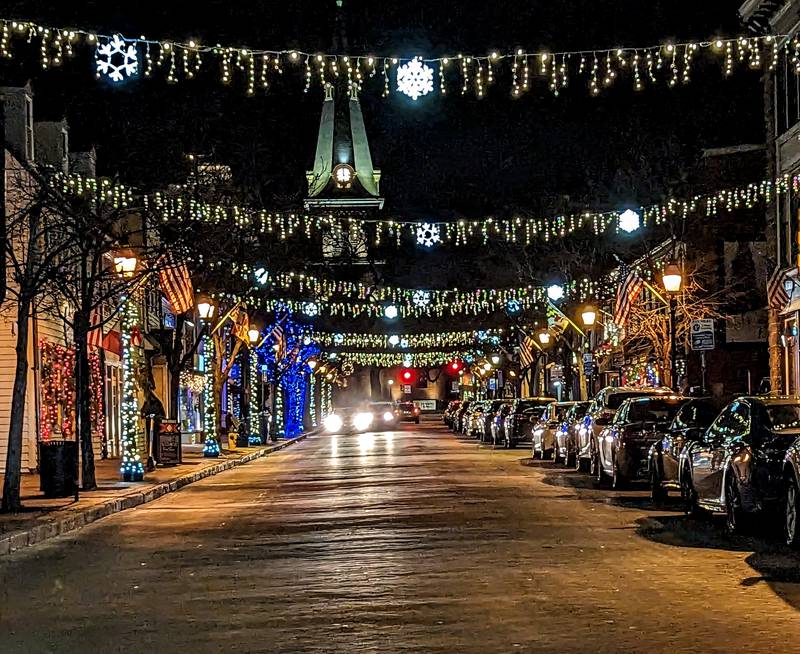Holiday lights illuminate Inner West Street in Annapolis.