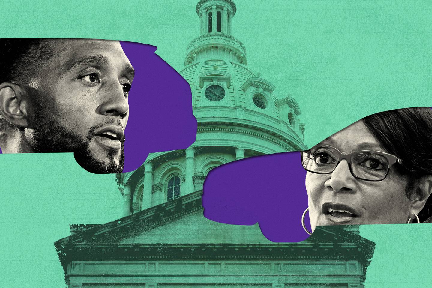 Photo illustration of Baltimore City hall’s tower against teal background. Mayor Brandon Scott and mayoral candidate Sheila Dixon’s faces are visible in two car-shaped cut outs on either side of city hall.