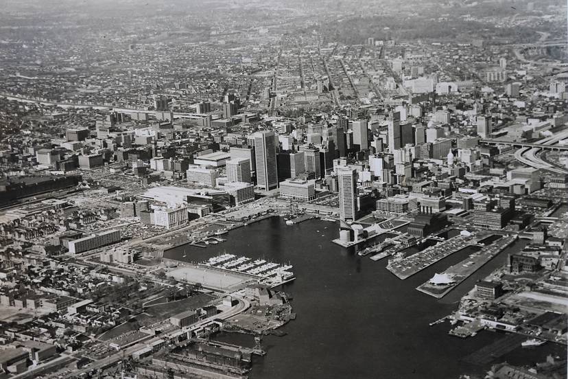 Aerial view of the Baltimore Inner harbor.