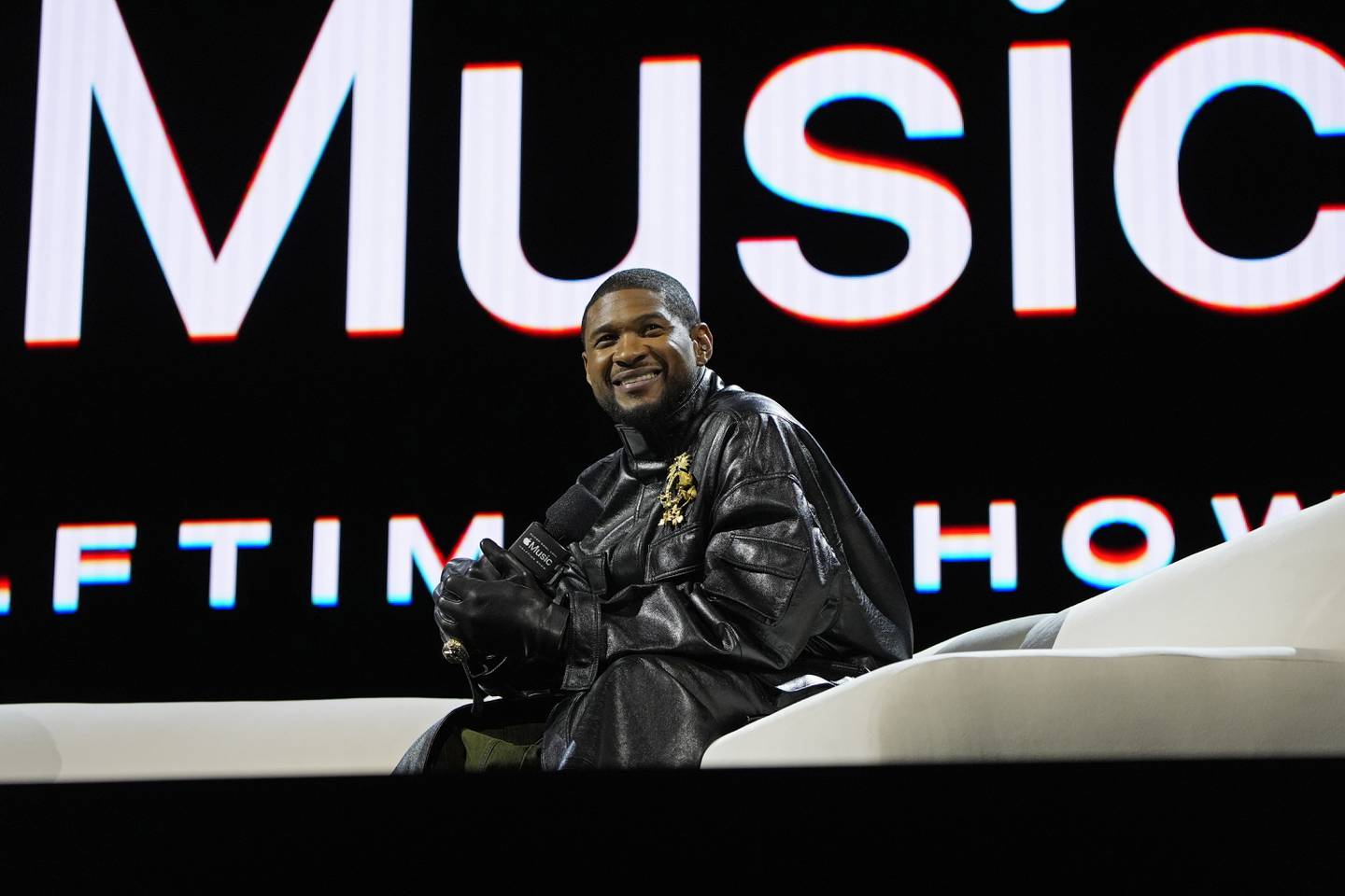 Usher speaks during a news conference ahead of the Super Bowl 58 NFL football game Thursday, Feb. 8, 2024, in Las Vegas. Usher will perform during the Super Bowl halftime show.