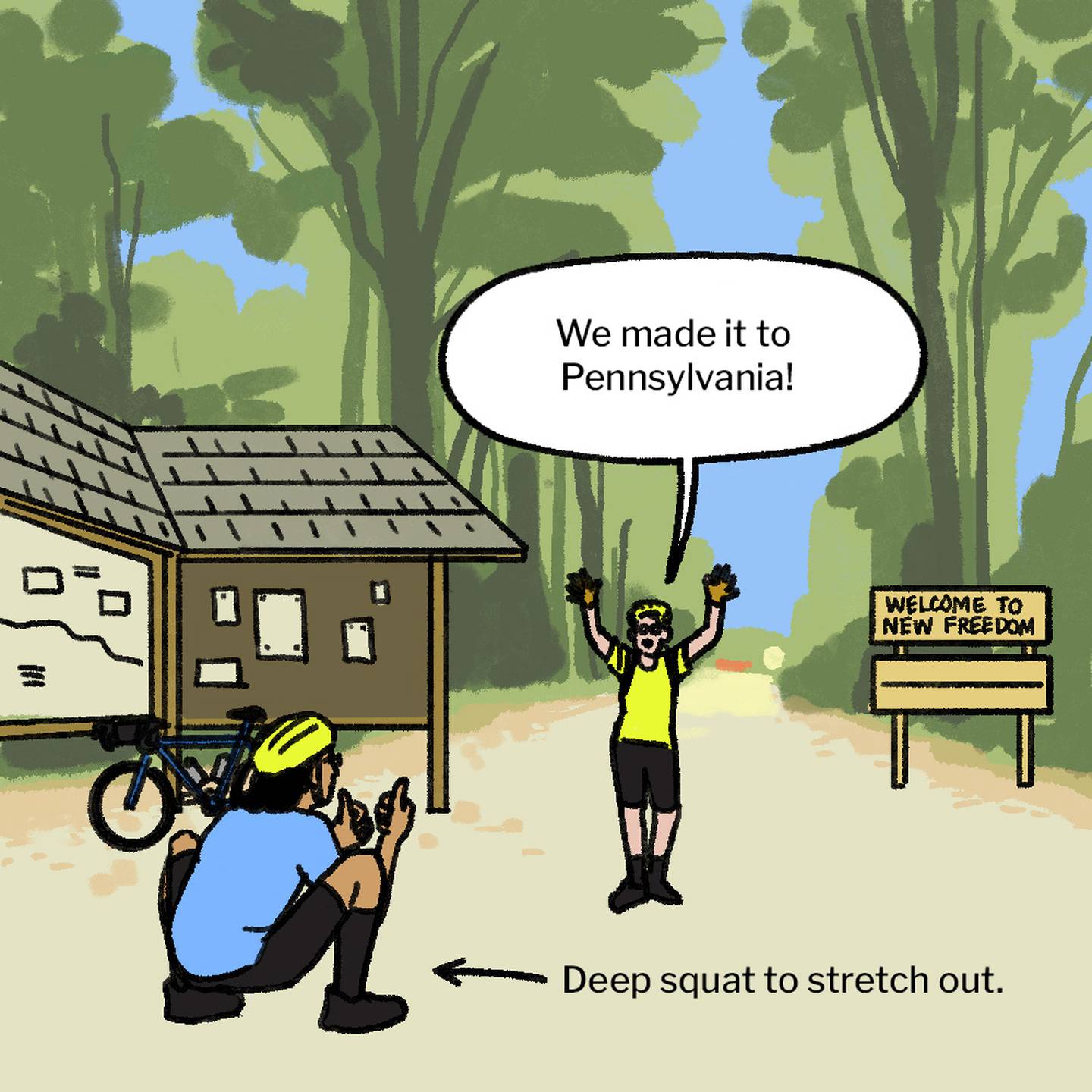 Illustration of man and woman with helmets on the trail, with a roofed information stand on the left and a wooden sign on the right that says "Welcome to New Freedom." The woman lifts her hands in the air and shouts "We made it to Pennsylvania!" The man squats and gives her two thumbs-up.