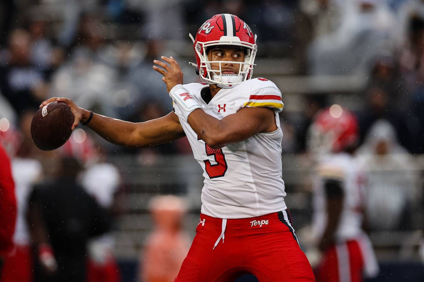 STATE COLLEGE, PA - NOVEMBER 12: Taulia Tagovailoa #3 of the Maryland Terrapins warms up before the game against the Penn State Nittany Lions at Beaver Stadium on November 12, 2022 in State College, Pennsylvania.