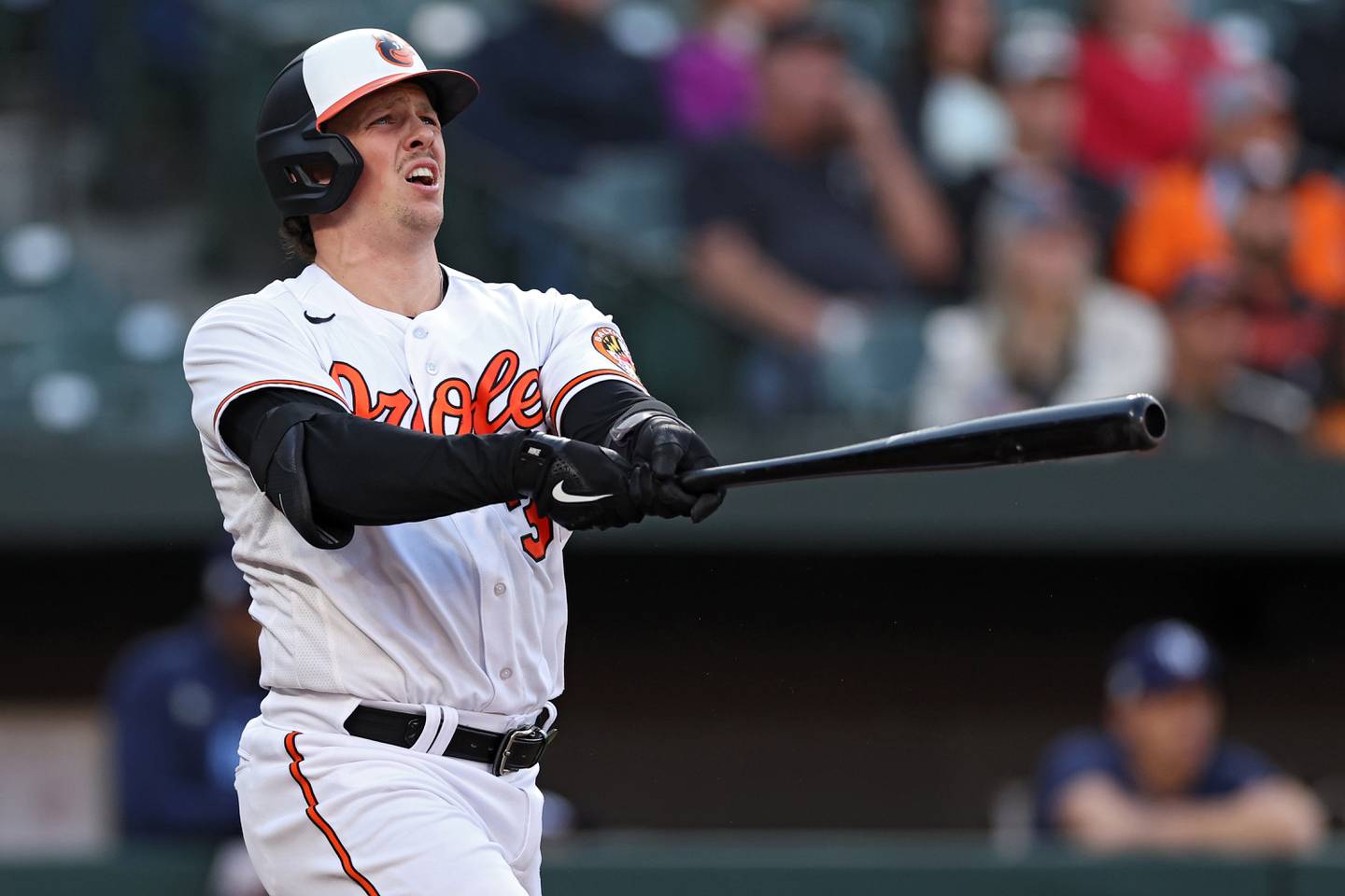 BALTIMORE, MARYLAND - MAY 09: Adley Rutschman #35 of the Baltimore Orioles hits a two run home run against the Tampa Bay Rays during the third inning at Oriole Park at Camden Yards on May 9, 2023 in Baltimore, Maryland.