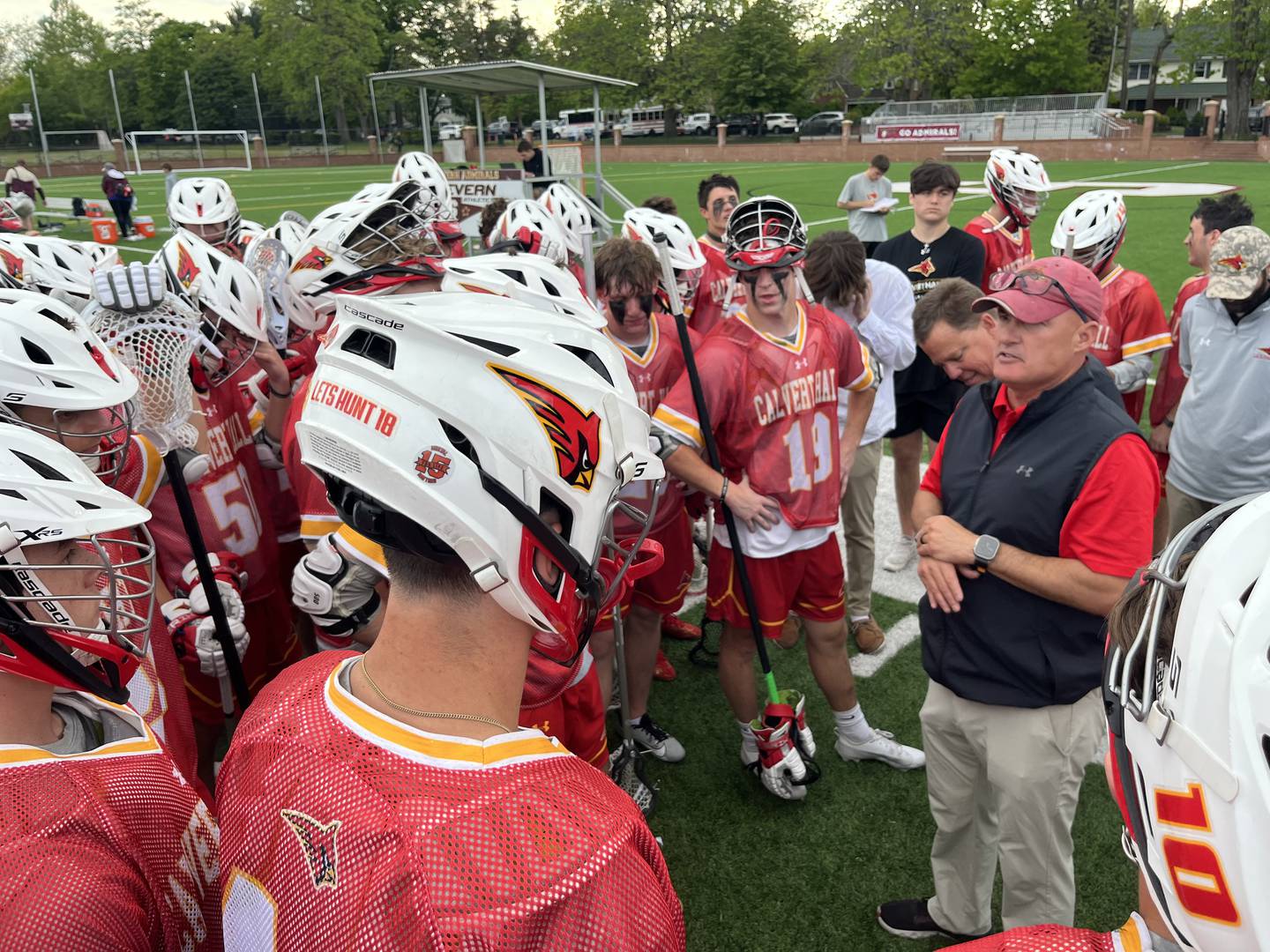 Calvert Hall lacrosse coach Bryan Kelly (black jacket) talks after Friday's victory over Severn. The second-ranked Cardinals won for the seventh time in their last eight MIAA A Conference decisions with a 10-6 victory over the No. 10 Admirals at Barbour Family Stadium in Anne Arundel County.