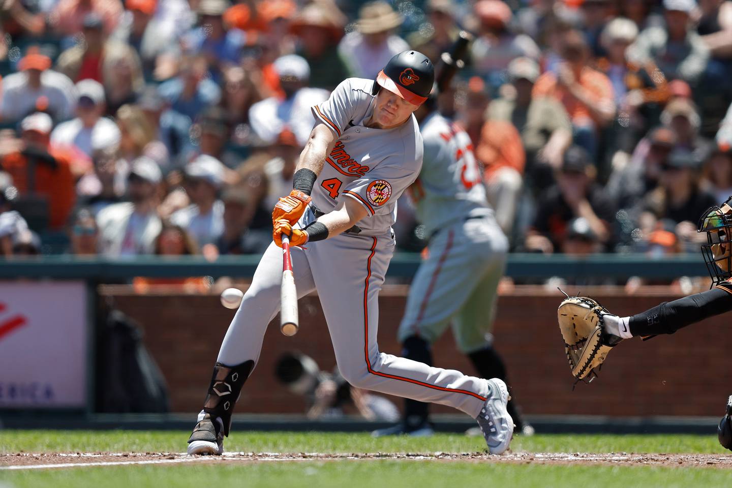 SAN FRANCISCO, CALIFORNIA - JUNE 04: Josh Lester #49 of the Baltimore Orioles hits an RBI single in the top of the third inning against the San Francisco Giants at Oracle Park on June 04, 2023 in San Francisco, California.