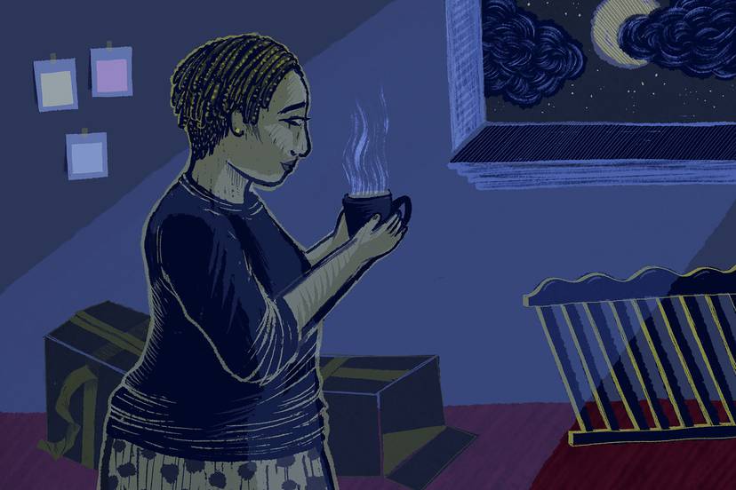Illustration of parent standing in moonlit bedroom holding a mug of tea. There are paint samples on the wall, opened cardboard boxes on the floor and part of a crib leans against the wall.